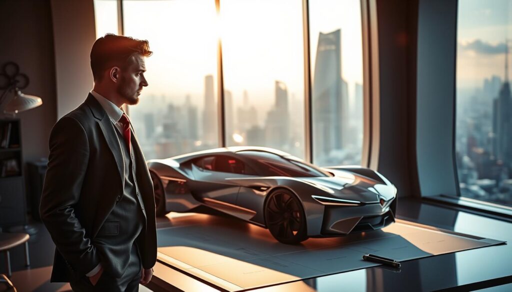 A sophisticated car designer, clad in a crisp suit, stands amidst a futuristic automotive design studio. The space is bathed in warm, directional lighting, casting dramatic shadows across the designer's pensive expression as they contemplate a sleek, cutting-edge vehicle on the drafting table before them. In the background, a panoramic window offers a breathtaking view of a bustling global metropolis, hinting at the boundless opportunities and international reach of their craft. The scene conveys a sense of innovation, passion, and the designer's integral role in shaping the future of the automotive industry on a global scale.