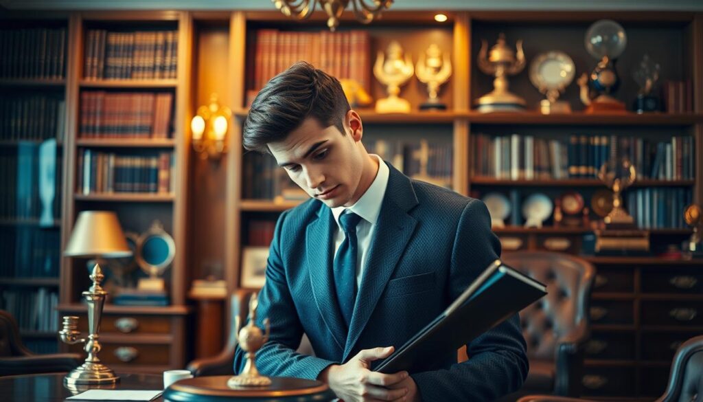 A sophisticated career progression for a professional appraiser, depicted in a meticulously crafted scene. In the foreground, a young, well-dressed appraiser examines a valuable antique item with a keen eye and a thoughtful expression. The middle ground showcases a tastefully appointed office setting, hinting at the intellectual rigor and attention to detail required in this profession. In the background, a towering bookshelf filled with reference materials and awards suggests the depth of knowledge and accolades earned through years of dedicated service. Warm, indirect lighting casts a refined, contemplative atmosphere, capturing the essence of an esteemed career path in the field of appraisal.