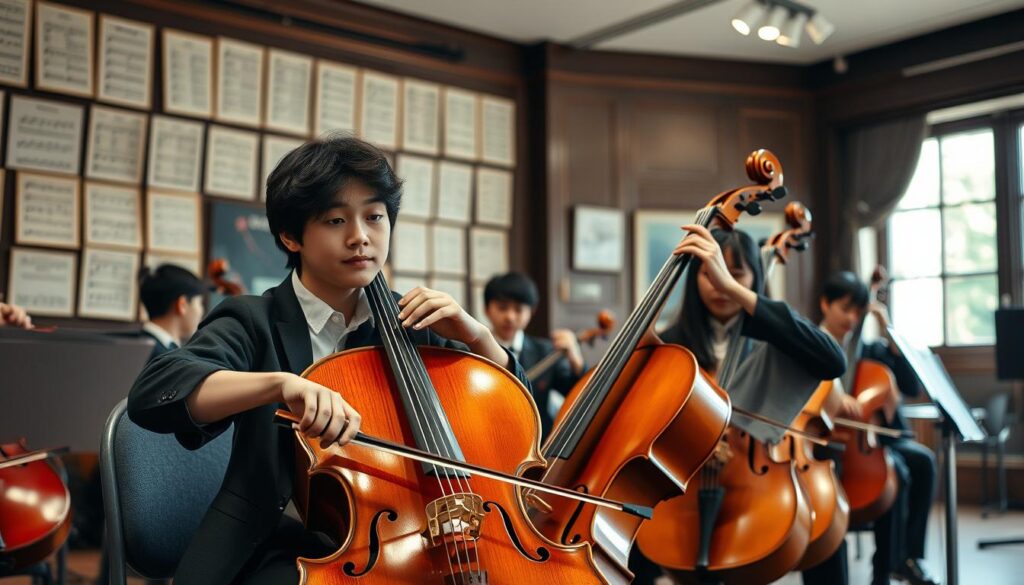 A sophisticated chamber music classroom, its walls adorned with sheet music and musical instruments. In the foreground, a young Japanese cellist sits with perfect posture, fingers gracefully dancing across the strings, their expression one of deep concentration. Behind them, a group of equally focused students, each lost in the soulful melodies they coax from their own cellos. Natural light filters in through large windows, casting a warm, contemplative glow upon the scene. The atmosphere is one of reverence and dedication, a sanctuary for the cultivation of musical excellence and the nurturing of the next generation of virtuosos.