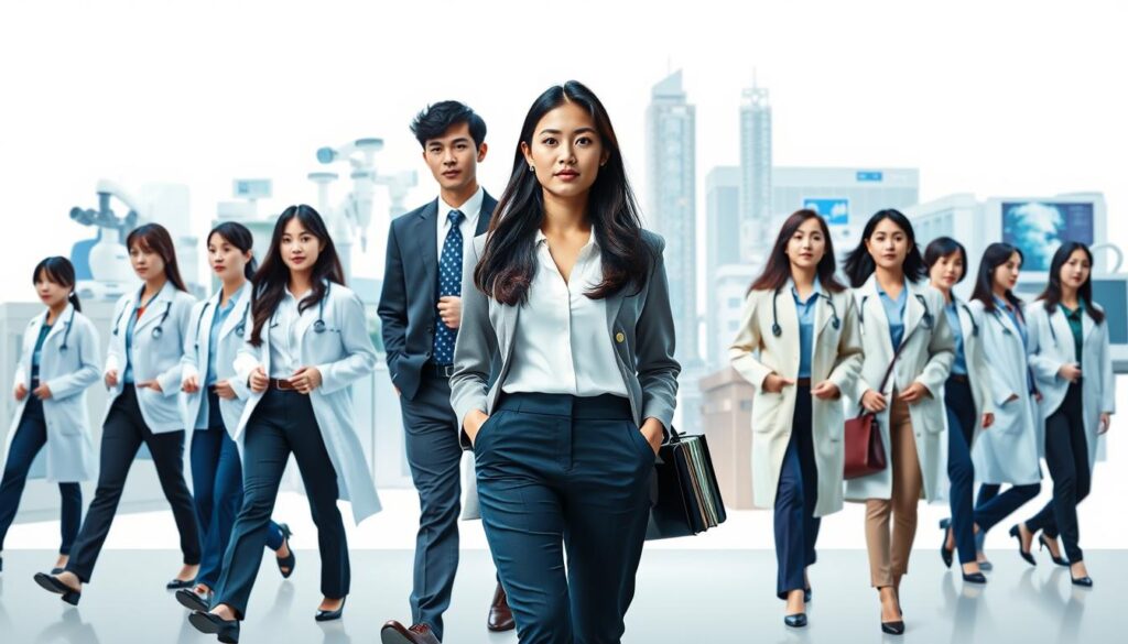 A sophisticated collage showcasing a diverse range of career paths for co-medical professionals. In the foreground, young, dark-haired Japanese models dressed in crisp, professional attire confidently stride forward, each representing a distinct medical specialty. The middle ground features a seamless blend of medical equipment, research tools, and clinical environments, hinting at the diverse skillsets and responsibilities within the co-medical field. The background maintains a clean, minimalist aesthetic, allowing the focal subjects to command attention while subtly suggesting the potential for growth and advancement. Soft, directional lighting accentuates the models' features and creates a sense of depth, while a slightly elevated camera angle conveys an aspirational, empowering perspective. The overall composition and mood inspire a sense of purpose, professionalism, and the promise of a fulfilling co-medical career.