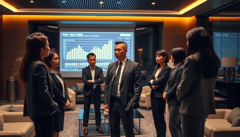 A sophisticated corporate office setting, bathed in warm ambient lighting. In the foreground, a group of young, professional-looking Japanese individuals stand in a semi-circle, their expressions thoughtful as they analyze financial data projected on a large display. In the middle ground, an elegantly dressed general manager, poised and authoritative, addresses the team, his body language conveying confidence and expertise. The background features sleek, modern furniture and decor, creating a sense of refined, high-end corporate culture. The overall scene exudes a sense of financial acumen, strategic planning, and the rewards of a successful career in management.