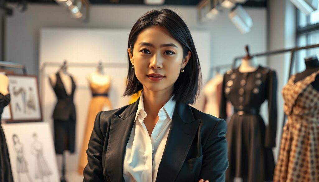 A sophisticated fashion designer standing confidently in a well-lit atelier, surrounded by elegant garments and sketches. The model, a young, attractive Japanese-looking individual with dark hair, exudes an air of professionalism and creativity. The lighting is soft and flattering, highlighting the designer's focused expression and the intricate details of the fashion pieces. The composition draws the viewer's eye to the central figure, showcasing the designer's success and mastery of their craft.