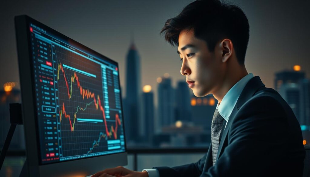 A sophisticated financial professional in a crisp suit, intently focused on a computer screen displaying intricate stock charts and data. The lighting is warm yet subdued, casting a pensive glow on their face as they analyze the complex world of foreign exchange trading. In the background, a cityscape of towering skyscrapers hints at the fast-paced, high-stakes environment of the financial district. The model's youthful, Japanese-inspired features convey a sense of diligence and expertise required for this specialized career path.