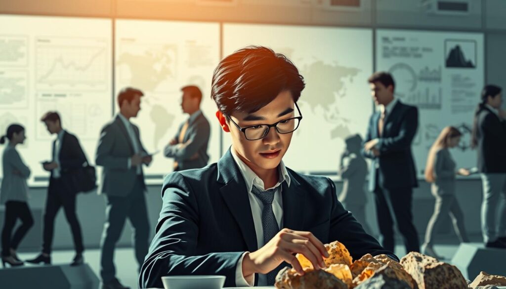 A sophisticated geological consulting career path illustration showcasing a series of figures in a dynamic, well-lit setting. The foreground features a young, Japanese-looking professional intently studying geological samples, conveying expertise and dedication. The middle ground depicts a group of consultants in various stages of career progression, engaged in discussion and collaboration. The background subtly suggests an office environment with geological charts, maps, and equipment, establishing a sense of the technical nature of the field. Lighting is dramatic, creating depth and highlighting the subjects. The overall mood is one of ambition, growth, and the rewarding challenges of a geological consulting career.