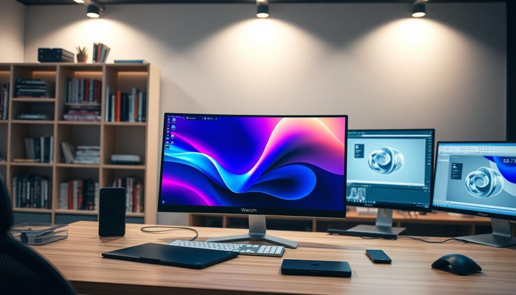 A sophisticated graphic design workspace showcases the essential software skills of a talented young Japanese designer. In the foreground, a curved-screen desktop PC displays a vibrant digital canvas, its sleek lines and clean aesthetic reflecting the designer's refined sensibilities. In the middle ground, a Wacom drawing tablet and stylus lie ready, while behind them, shelves brim with design reference books and a high-resolution monitor displays a 3D modeling interface. Subtle indirect lighting casts a warm, focused glow, evoking the designer's deep concentration and passion for their craft. The overall atmosphere exudes a sense of modern, minimalist professionalism - a visualization of the technical mastery and creative vision that define the graphic designer's indispensable skillset.
