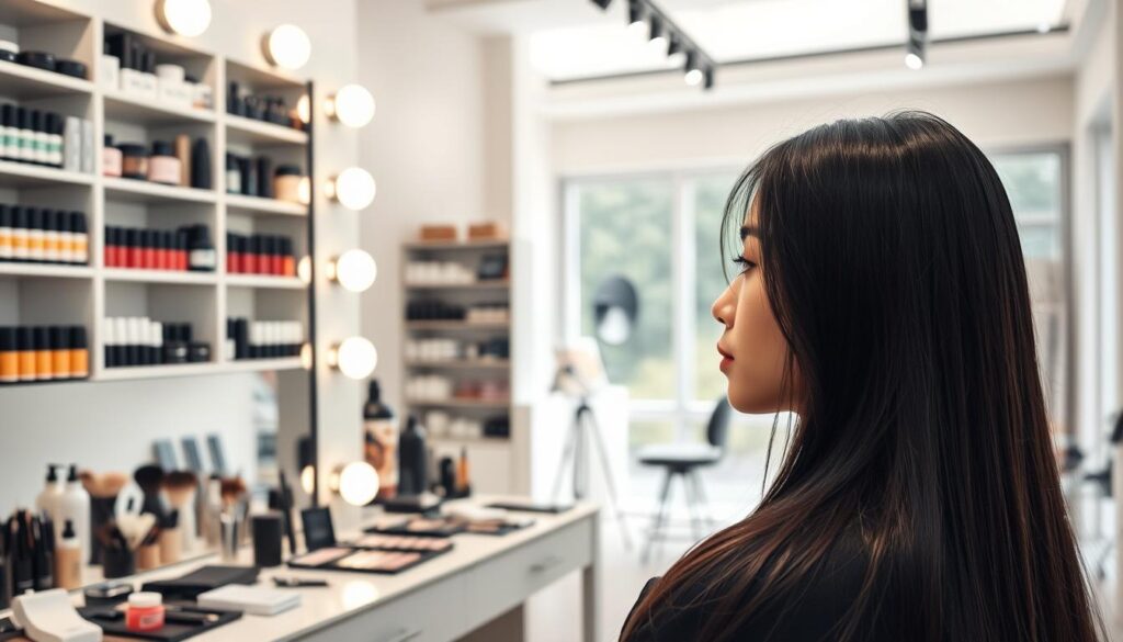 A sophisticated hair and makeup artist's studio, filled with an array of professional tools and equipment. In the foreground, a young Japanese model with sleek, ebony hair sits before a well-lit vanity mirror, her expression serene as she contemplates her future as an independent entrepreneur. In the middle ground, shelves brimming with high-end cosmetics and hair products line the walls, while the background showcases a minimalist, airy space with abundant natural light flooding in through large windows. The overall mood is one of quiet confidence and determination, as the model envisions the next chapter of her career as a self-employed hair and makeup artist.