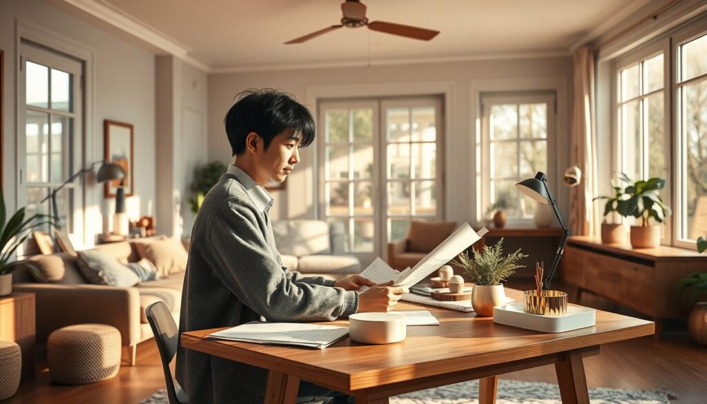 A sophisticated interior designer in a cozy, well-lit home office, surrounded by tasteful furnishings and decor. They sit at a minimalist wooden desk, intently studying design plans and color palettes. Warm sunlight filters through large windows, casting a serene glow. The space exudes a harmonious blend of functionality and aesthetic appeal, reflecting the designer's keen eye for detail and talent for curating beautiful living spaces. The model is a young, Japanese-looking individual with dark hair, posed in a realistic, naturalistic manner.