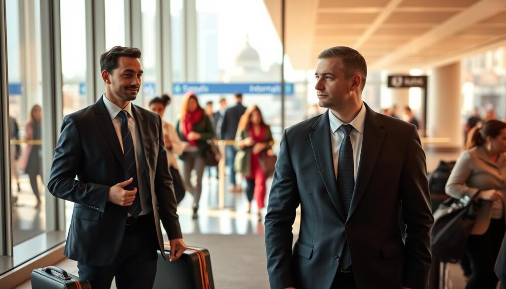 A sophisticated metropolitan office setting, bathed in warm, natural lighting. In the foreground, a poised and attentive domestic travel escort, meticulously dressed in a sharp business suit, engages with a group of passengers. In the middle ground, an international travel escort, clad in a stylish, culturally-appropriate ensemble, guides a diverse set of travelers through an airport terminal. The backgrounds subtly contrast - the domestic setting is modern and streamlined, while the international scene is bustling with a mosaic of cultures and architectural styles. The compositions highlight the distinct roles, responsibilities, and environments of the two types of travel escorts, conveying their expertise and dedication to ensuring seamless journeys for their respective clientele.