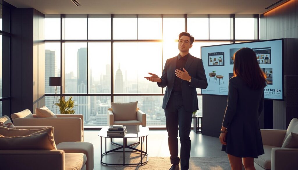 A sophisticated, modern office interior with a large window overlooking a bustling city skyline. At the center, a young, fashionably dressed Japanese design producer stands confidently, gesturing as they discuss plans with their team. The lighting is warm and natural, casting a subtle glow on the sleek, minimalist furniture and decor. In the background, a large display screen showcases digital design mockups, hinting at the creative, technology-driven nature of the role. The overall atmosphere exudes a sense of professionalism, innovation, and a high level of compensation befitting the design producer's position.