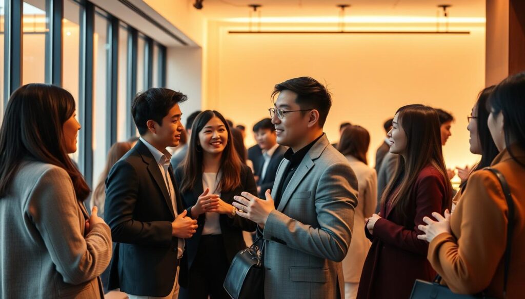 A sophisticated networking event in a chic, modern interior. The scene features a group of young, stylish Japanese-looking interior coordinators mingling and exchanging ideas. Warm, diffused lighting creates a cozy ambiance, while the clean, minimalist decor and large windows provide a sense of openness and sophistication. The coordinators are dressed in professional, fashionable attire, engaged in animated discussions. The overall atmosphere conveys the importance of building industry connections and collaborating to elevate the interior design field.