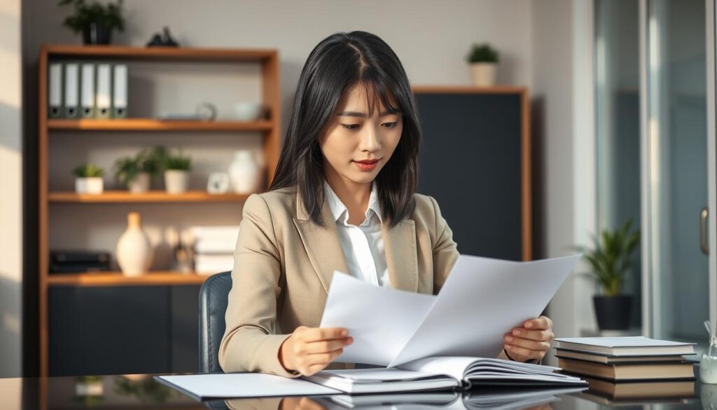A sophisticated office setting with a young, professional Japanese-looking woman dressed in formal attire seated at a desk, intently focused on reviewing documents and files. Soft, natural lighting illuminates the scene, creating a warm and serene atmosphere. The background features a tasteful arrangement of bookshelves, potted plants, and minimal decor, suggesting an environment conducive to productivity and diligence. The woman's posture and demeanor convey a sense of confidence, competence, and dedication to her role as a skilled secretary, highlighting the necessary qualifications and experience for this career path.