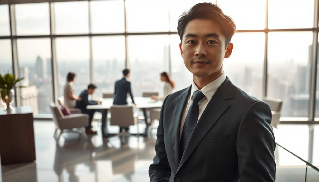 A sophisticated office space with floor-to-ceiling windows offering a panoramic view of a bustling city skyline. A young, well-dressed Japanese professional stands in the foreground, exuding an air of confidence and poise. Soft, directional lighting casts a warm glow, highlighting the crisp lines of their tailored suit and the determined expression on their face. In the middle ground, a team of colleagues collaborate intently around a sleek conference table, their body language conveying a sense of collaboration and productivity. The background is filled with modern, minimalist furnishings and decor, creating a high-end, high-class atmosphere befitting of a leading career platform like Bizreach.