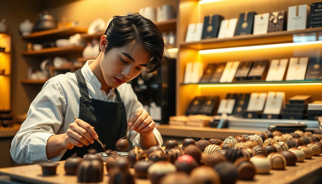 A sophisticated patisserie set against a warm, cozy backdrop. In the foreground, a young, skilled Japanese chocolatier intently focuses on their craft, meticulously tempering and molding rich, dark chocolate into intricate, artful confections. The middle ground features an array of delicate, handmade truffles and bonbons, each a miniature work of edible art. In the background, shelves display an assortment of beautifully packaged chocolate bars and gift boxes, hinting at the chocolatier's dedication to quality and presentation. Soft, golden lighting casts a inviting glow, evoking a sense of passion, precision, and the pursuit of perfection that defines the successful chocolatier.