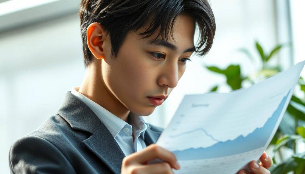 A sophisticated plant hunter gazes intently at a detailed income graph, their youthful Japanese features illuminated by soft, natural lighting. The scene is captured with a clean, photorealistic style, emphasizing the hunter's thoughtful expression as they ponder the trajectory of their career earnings. The background is subtly blurred, keeping the focus on the graph and the hunter's contemplative pose. The overall mood is one of quiet ambition and professional dedication, reflecting the nuances of this specialized field.