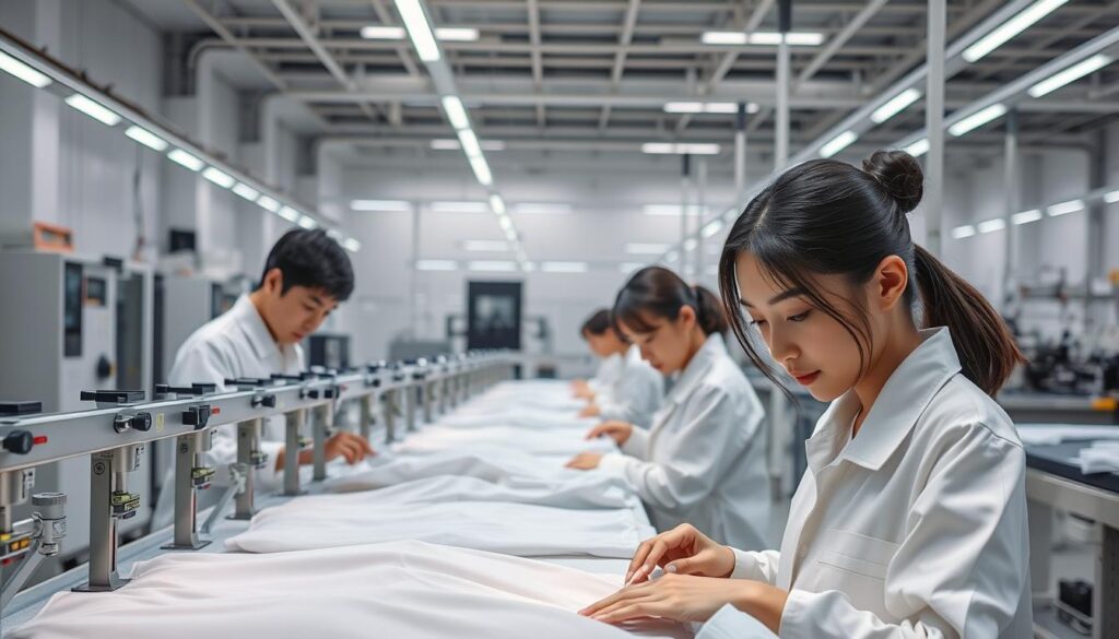 A sophisticated production line, with meticulous quality control processes. The foreground depicts skilled technicians in pristine white uniforms, intently examining garments on an assembly line. The middle ground showcases a series of quality checkpoints, with detailed measurement tools and digital display panels. In the background, a well-lit, high-ceilinged factory space, adorned with sleek, modern machinery. The scene conveys a sense of precision, efficiency, and a commitment to excellence, reflecting the crucial role of production and quality management in the fashion industry. The models are young, with classic Japanese features, their expressions focused and professional.