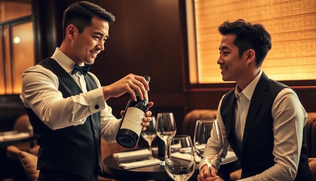 A sophisticated sommelier providing thoughtful wine service to a discerning patron in an elegant restaurant setting. The sommelier, dressed in a crisp white shirt and black vest, presents the wine bottle with expertise and poise, their movements graceful and deliberate. The patron, a young Japanese professional, leans in with attentive focus, anticipating the sommelier's recommendations. Soft, warm lighting bathes the scene, creating an atmosphere of refined hospitality. The background features richly textured wooden paneling and plush furnishings, conveying a sense of refined, high-end ambiance. The overall impression is one of polished service, deep wine knowledge, and a dedication to enhancing the dining experience.