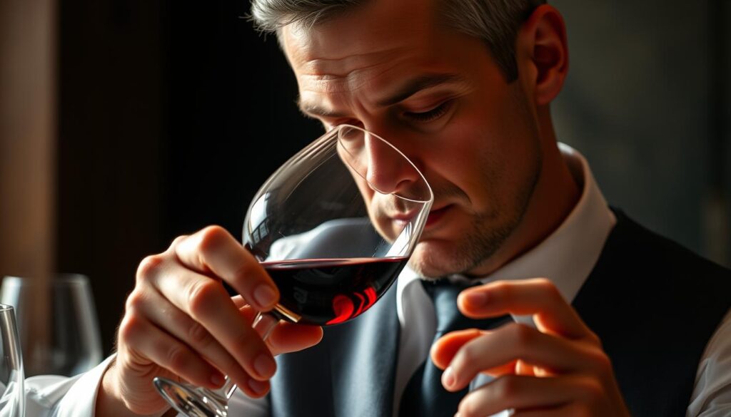 A sophisticated sommelier skillfully swirling a glass of fine wine, meticulously evaluating its aroma, color, and flavor. The scene captures their focused gaze, their hands gracefully manipulating the glass, and their deep understanding of the complexities of wine. The image exudes an air of refinement, expertise, and a profound appreciation for the art of winemaking. The lighting is soft and natural, highlighting the sommelier's features and the intricate details of the wine. The background is blurred, allowing the viewer to concentrate on the sommelier's work, a testament to their dedication and passion for their craft.