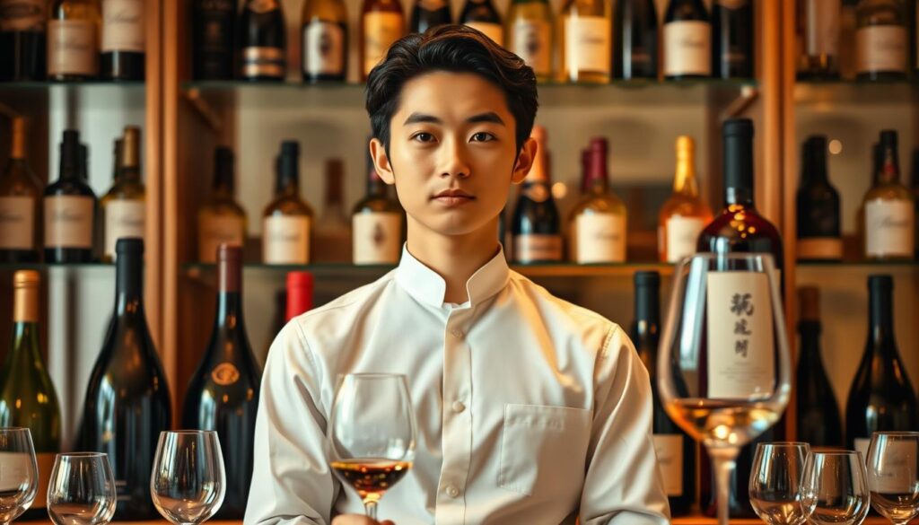 A sophisticated sommelier standing tall, their refined gaze radiating confidence and expertise. Against a backdrop of elegant wine bottles and glasses, the scene exudes an air of sophistication and prestige. Warm lighting casts a subtle glow, highlighting the sommelier's immaculate attire and the intricate details of the wine-tasting setup. The composition emphasizes the sommelier's centrality, showcasing their role as a knowledgeable guide in the world of fine wines. The young, Japanese-inspired faces of the models convey a sense of professionalism and dedication to their craft, hinting at the promising career prospects for aspiring sommeliers.