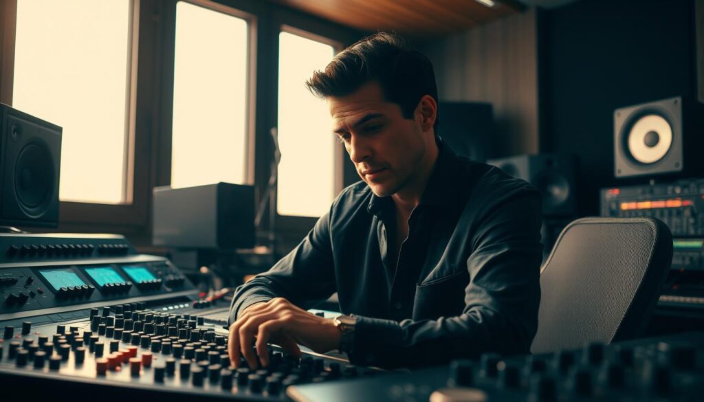 A sophisticated sound engineer meticulously crafting an audio masterpiece. In a serene studio, the protagonist sits before an array of high-tech equipment, their fingers dancing across knobs and sliders as they shape the sonic landscape. Warm lighting filters through large windows, casting a contemplative glow over the scene. The artist's expression is one of deep focus, their brow furrowed in concentration as they refine each layer of the composition. The background is a blend of muted tones, allowing the subject to take center stage. The overall atmosphere conveys the passion and dedication required to master the craft of sound creation.