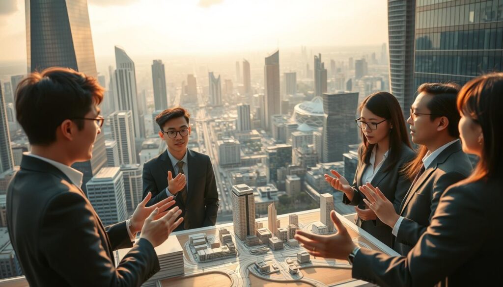 A sophisticated urban landscape, with towering skyscrapers and sleek modern architecture. In the foreground, a group of young Japanese-looking professionals, smartly dressed in business attire, engaged in an animated discussion. They gesticulate expressively, their faces reflecting deep concentration and problem-solving. The middle ground features a city planning model, intricate and detailed, illuminated by warm, natural lighting that casts shadows across the scene. In the background, a panoramic view of the bustling city, its streets and infrastructure meticulously designed. The overall atmosphere conveys a sense of innovation, collaboration, and the seamless integration of urban planning expertise.