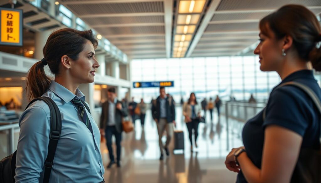 A spacious airport terminal, bathed in warm lighting. In the foreground, a ground staff member in a crisp uniform assists a flight attendant, their gestures and expressions conveying the nuances of their respective roles. The flight attendant, poised and attentive, contrasts with the ground staff's more practical, hands-on approach. In the middle ground, passengers navigate the terminal, their faces reflecting a mix of anticipation and weariness. The background reveals the grandeur of the airport architecture, with high ceilings and expansive windows offering glimpses of the bustling tarmac beyond. The scene captures the dynamic interplay between the ground and air crews, highlighting their distinct responsibilities in ensuring a smooth and seamless travel experience.