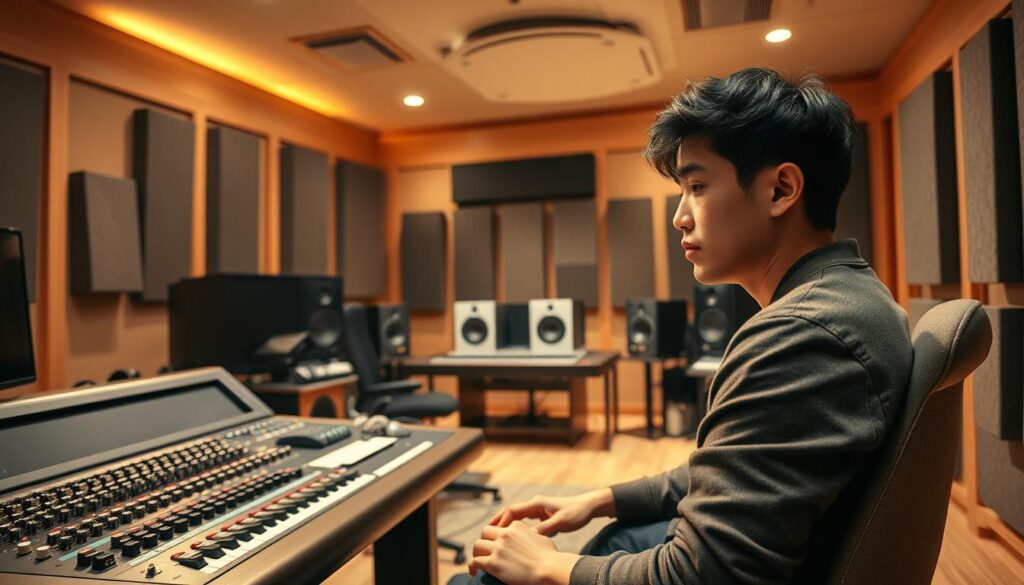 A spacious and well-equipped mastering studio, filled with state-of-the-art audio equipment. The room is bathed in a warm, golden glow from strategically placed lighting, creating a cozy and professional atmosphere. In the foreground, a young, Japanese-looking sound engineer sits focused at the mixing console, his fingers delicately adjusting the various knobs and sliders. The middle ground features a sleek, high-end audio monitoring setup, with a pair of high-fidelity speakers positioned precisely. The background showcases an array of sound-absorbing acoustic panels, ensuring optimal acoustics for the critical listening environment. The overall scene conveys the expertise, dedication, and technological prowess of a skilled mastering engineer, ready to refine and elevate the audio productions.