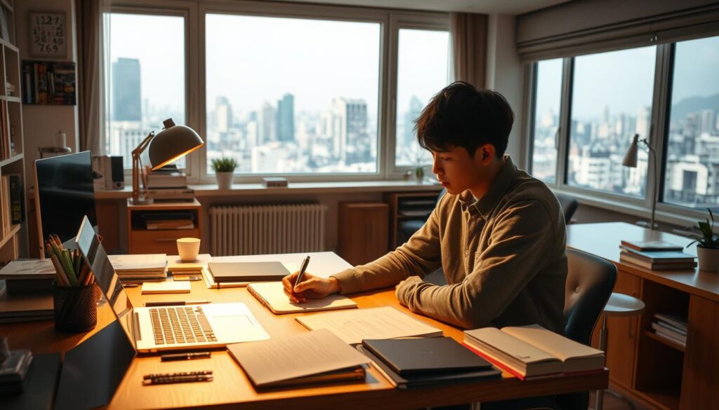 A spacious and well-lit home office, with a desk, laptop, and various writing materials arranged neatly. A young, focused Japanese-looking columnist sits at the desk, deep in thought, their brow furrowed as they contemplate the challenges of their work. The lighting is warm and natural, casting a gentle glow on the scene. In the background, a large window provides a view of a bustling cityscape, hinting at the broader context and inspirations for the columnist's writing. The atmosphere is one of concentration and determination, with the subject's body language conveying the weight of their responsibilities and the need to overcome any obstacles in their work.