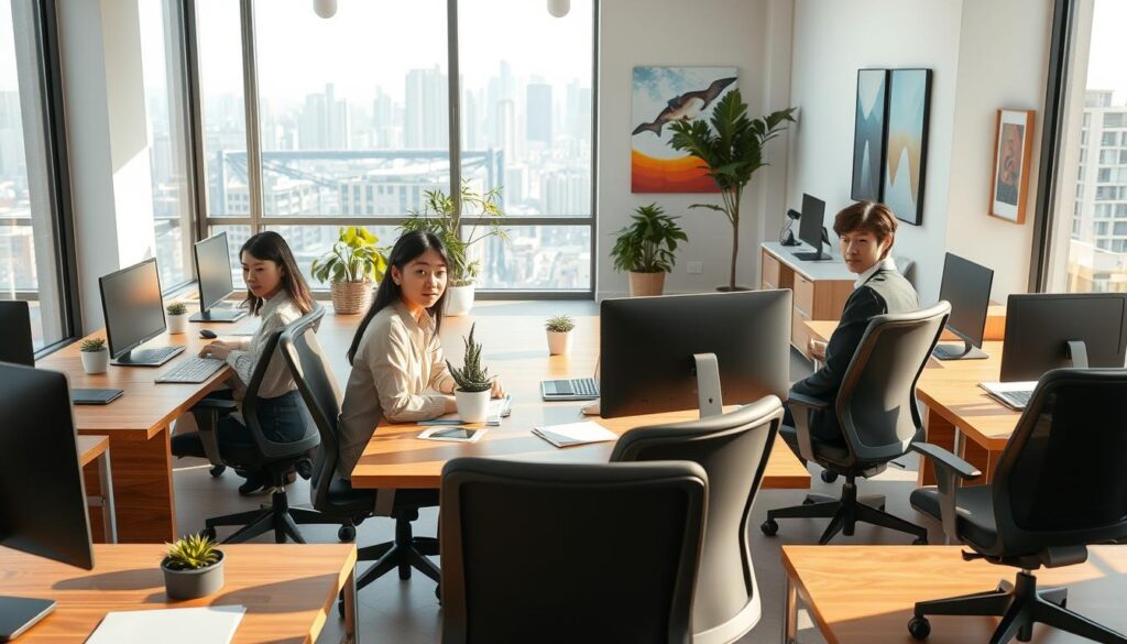 A spacious and well-lit office with a minimalist, modern design. The room is flooded with natural light from large windows, casting a warm glow on the sturdy wooden desks and plush ergonomic chairs. In the foreground, a group of young, diligent-looking Japanese case workers, their expressions serious yet compassionate, are engrossed in their computer screens and paperwork. The middle ground features a central meeting area with a sleek conference table, surrounded by potted plants and inspiring artwork on the walls. The background showcases a panoramic view of the city skyline, hinting at the urban setting in which this social services office is nestled. An atmosphere of focused professionalism and dedicated care permeates the scene.