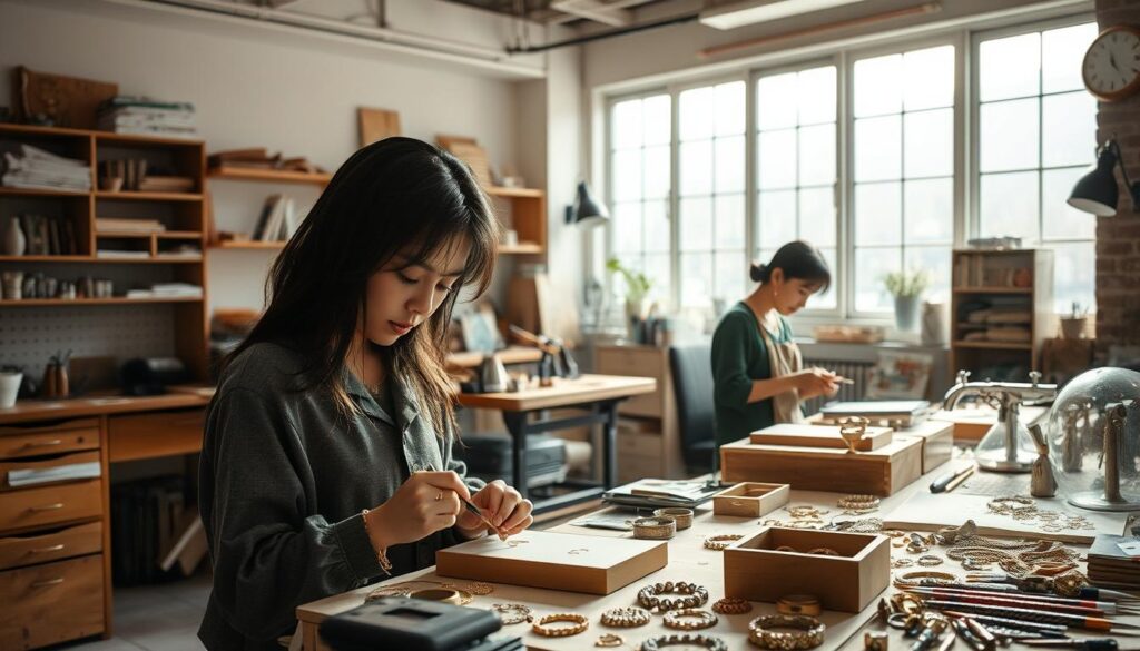 A spacious and well-lit studio filled with workbenches, sketches, and jewellery-making tools. Skilled Japanese designers, with dark hair and youthful features, intently focus on their craft, shaping precious metals and gems into intricate, captivating pieces. Soft natural light streams in through large windows, casting a warm glow over the scene. The atmosphere is one of serene concentration, creativity, and attention to detail, reflecting the dedication and artistry of the ジュエリーデザイナー's profession.