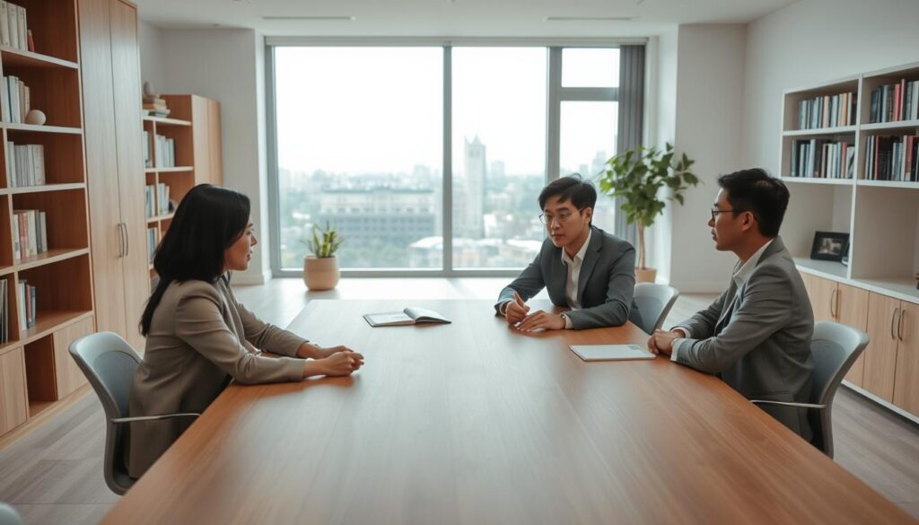 A spacious, minimalist office setting with abundant natural light and clean, modern furnishings. In the foreground, three young, professional-looking Japanese individuals, two women and one man, are seated around a large wooden table, engaged in a serious discussion. They wear neutral-toned, formal attire and have focused expressions, conveying a sense of preparation and determination. In the middle ground, bookshelves line the walls, filled with finance, business, and self-help books, hinting at the various resources they are utilizing to plan their independent practice. The background features large windows overlooking a serene urban landscape, creating a calming and inspiring atmosphere. Soft, diffused lighting illuminates the scene, emphasizing the sense of thoughtfulness and careful planning.