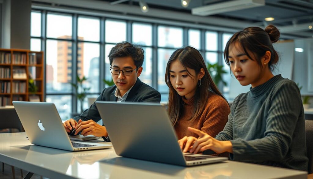 A spacious modern office setting, with sleek furniture and large windows overlooking a vibrant cityscape. In the foreground, three young Japanese professionals - a man and two women - are deeply engrossed in their work on laptops, brows furrowed in concentration. The lighting is soft and ambient, creating a cozy, focused atmosphere. In the background, bookcases and whiteboards suggest an environment conducive to creative ideation and collaboration. The models are well-dressed, their expressions conveying the fulfillment and intensity of their roles as game writers, an important part of the thriving video game industry.
