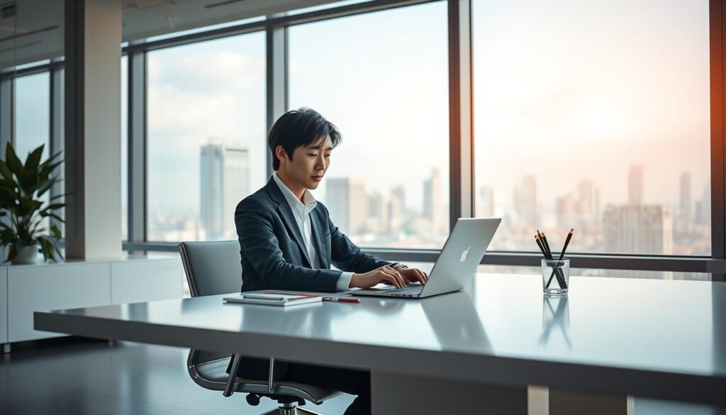 A spacious office setting with a young, focused Japanese-looking copywriter sitting at a sleek, minimalist desk. Soft, natural lighting filters through large windows, casting a warm glow on the workspace. The copywriter, dressed in smart, professional attire, is deeply engaged in writing on a laptop, surrounded by a few carefully placed stationery items. The background features a view of a bustling city skyline, hinting at the dynamic nature of the copywriting profession. An atmosphere of concentration and productivity permeates the scene, capturing the essence of a copywriter's work and the potential for a rewarding career.