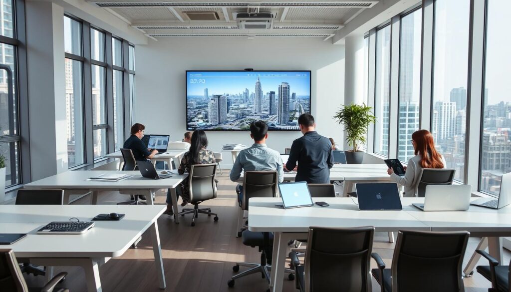 A spacious, open-plan office with floor-to-ceiling windows that flood the room with natural light. Sleek, minimalist desks and ergonomic chairs arranged in a collaborative layout. A group of young, focused urban professionals – Japanese in appearance – working intently on their laptops and digital tablets, surrounded by architectural plans and 3D models. In the background, a large touch screen displays the details of a large-scale redevelopment project. The atmosphere is one of quiet productivity, with an undercurrent of creative energy as the team meticulously plans the transformation of the city skyline.