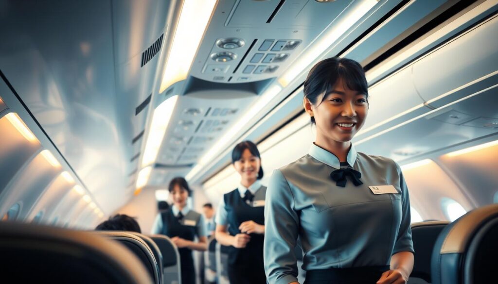 A spacious, well-lit cabin interior of a commercial airliner, with a team of young, Japanese-looking flight attendants efficiently tending to passengers. Soft, warm lighting illuminates the clean, polished surfaces and sleek, modern design. The attendants move with grace and professionalism, their black hair and serene expressions conveying a sense of calm and attentive service. The atmosphere is one of quiet efficiency, where the needs of the passengers are anticipated and met with a smile. The overall scene evokes the high standards and attention to detail that define the work environment of a skilled, experienced cabin crew.