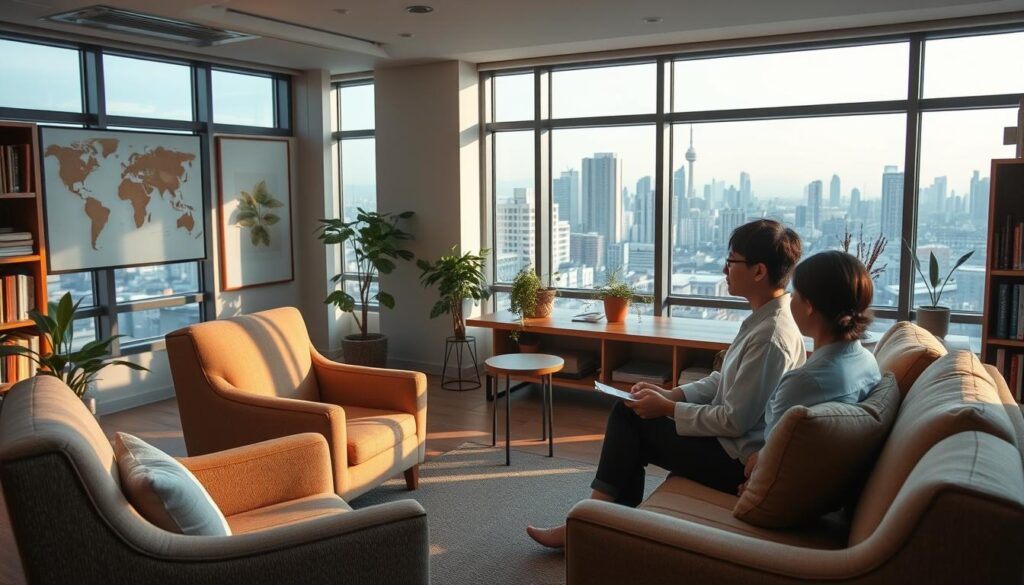 A spacious, well-lit counseling office with large windows overlooking a bustling city skyline. Plush armchairs and a sofa in earthy tones create a warm, inviting atmosphere. A young, Japanese-looking counselor sits across from a client, their expressions thoughtful and engaged. Bookshelves line the walls, exuding an air of professionalism and expertise. The office is tastefully decorated with subtle artwork and plants, conveying a sense of calm and tranquility. Soft, diffused lighting casts a soothing glow, enhancing the serene, therapeutic environment.
