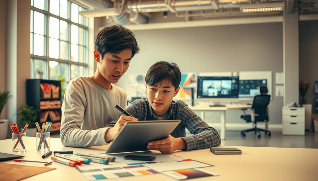 A spacious, well-lit graphic design studio with natural light streaming through large windows. In the foreground, a young Japanese designer intently sketching ideas on a digital tablet, their focused expression conveying deep concentration. In the middle ground, an array of design tools and reference materials - markers, color swatches, inspiration boards, and a high-resolution computer monitor displaying design software. The background features a minimalist, contemporary workstation with ergonomic furniture and a clean, organized layout, evoking a sense of professionalism and efficiency. Warm, soft lighting casts a pleasant glow, creating an atmosphere conducive to creative work.
