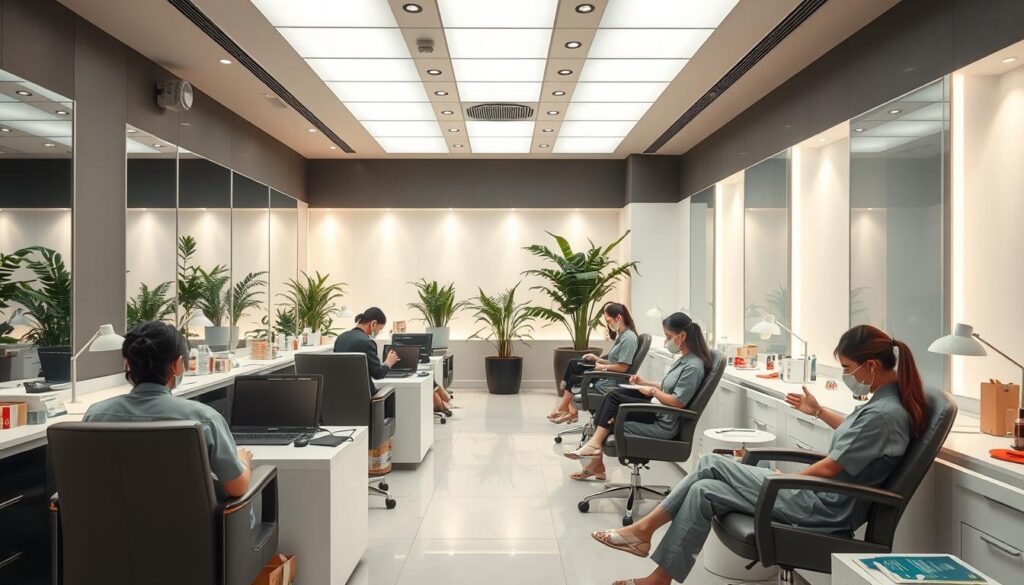 A spacious, well-lit nail salon with sleek, modern decor. A group of young, professional-looking Japanese-inspired nail technicians carefully attending to their clients' hands and feet. Soft, diffused lighting casts a warm, soothing ambiance, and the salon is adorned with lush indoor plants, adding a touch of nature. The technicians wear comfortable, clean uniforms and take great care in maintaining a hygienic workspace, with tools and products neatly organized. An overall sense of calm efficiency and attention to detail permeates the scene, reflecting the high standards and health-conscious practices of this thriving nail care establishment.
