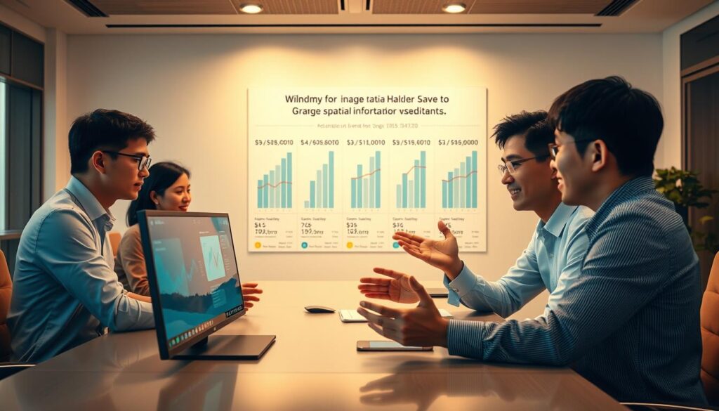 A spacious, well-lit office setting, with a team of young, Japanese-looking professionals gathered around a large, sleek conference table. In the foreground, three individuals are engaged in a lively discussion, their hands gesturing animatedly as they analyze data displayed on a high-resolution screen. The middle ground features a wall-mounted infographic showcasing various salary ranges and trends for spatial information consultants, with a focus on the average annual income. The background is softly blurred, emphasizing the attention on the consultants and the financial information. The lighting is warm and natural, casting a professional and authoritative atmosphere, and the camera angle is positioned to capture the scene at an eye-level perspective, creating a sense of involvement and immediacy.