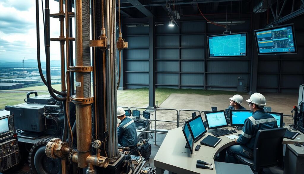 A spacious, well-lit workspace at a drilling site, with a team of young, Japanese-looking workers meticulously operating heavy machinery and monitoring multiple screens. The foreground features a large drilling rig, its powerful drill bit poised to penetrate the earth's surface. In the middle ground, technicians in hard hats and protective gear closely examine readouts and consult with one another, while in the background, an expansive landscape of rolling hills and distant mountains creates a sense of scale and context. Soft, diffused lighting illuminates the scene, giving it a realistic, documentary-style feel, capturing the intensity and precision of the drilling operation.