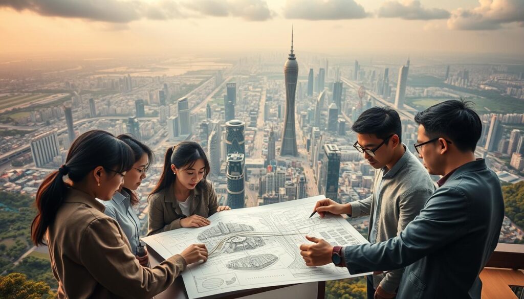A sprawling, futuristic cityscape unfolds, its gleaming skyscrapers and intricate infrastructure blending seamlessly with lush, verdant landscapes. In the foreground, a diverse team of young, Japanese-looking professionals collaborate intensely, their expressions focused as they pore over architectural plans and 3D models. Warm, diffused lighting casts a soft glow, creating a mood of innovation and international cooperation. The scene conveys the dynamism and complexity of a large-scale, global urban planning project, capturing the passion and expertise of the consultants driving it forward.