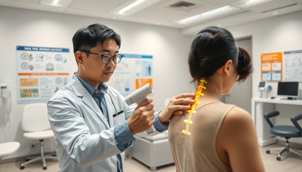 A sterile, well-lit medical clinic interior with sleek, modern furniture and equipment. In the foreground, a young Japanese-looking chiropractor carefully examining a patient's spine, using advanced diagnostic tools. The patient's expression conveys a sense of trust and comfort. In the background, informational posters and charts illustrate the safety protocols and risk management procedures employed by the practice. Ambient lighting creates a calming, professional atmosphere, conveying the care and diligence with which the chiropractor approaches their work.