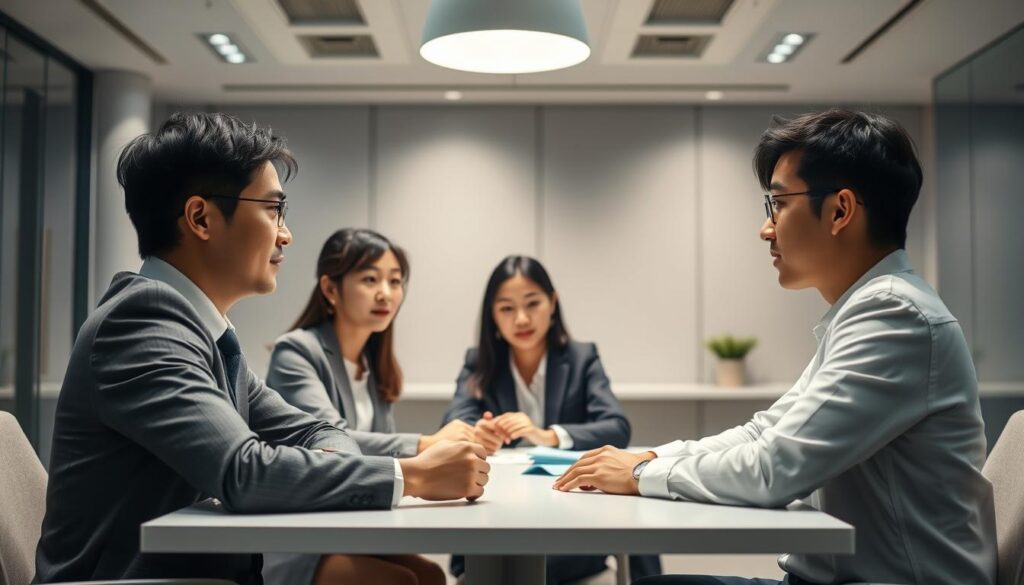 A strategic meeting in a modern office setting. Three young Japanese professionals sit around a table, engaged in discussion. Soft lighting from overhead fixtures illuminates their faces, conveying a sense of focus and collaboration. The background features clean, minimalist decor with subtle tones of gray and white, emphasizing the importance of the conversation. The individuals wear formal business attire, reflecting the seriousness of the topic - the strategic role of facility management. An atmosphere of thoughtful deliberation and problem-solving permeates the scene.