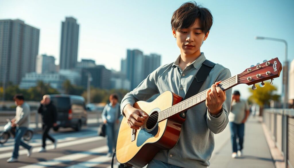 A street musician dressed in casual attire casually plays a guitar on a busy urban sidewalk, appearing focused and engaged with their performance. In the background, a city skyline with tall buildings and a clear blue sky sets the scene. Soft, diffused natural lighting illuminates the musician, creating a warm and inviting atmosphere. The composition emphasizes the musician's work-life balance, capturing a moment of creative expression amidst the hustle and bustle of the city. The model has a youthful, Japanese-inspired appearance with dark hair, conveying a sense of authenticity and cultural relevance.
