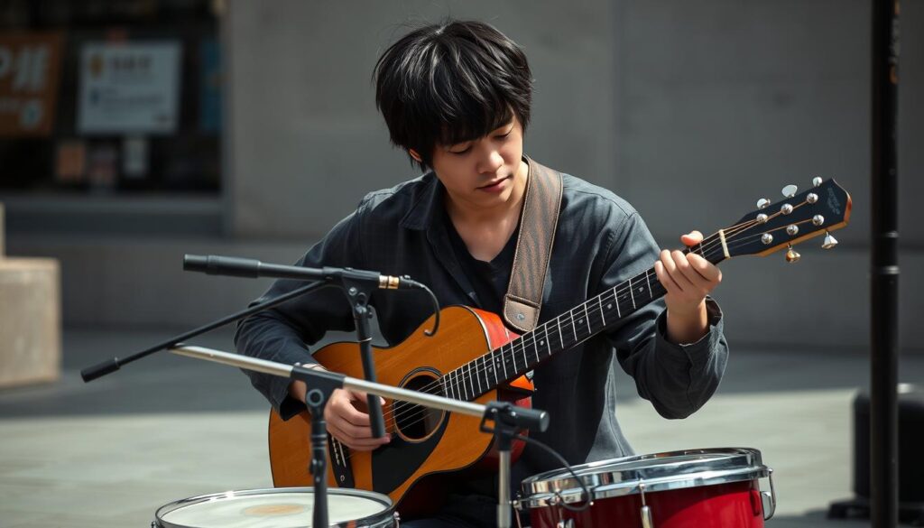 A street musician performing an intricate, improvised musical piece with remarkable skill and precision. The performer is a young, Japanese-looking individual with dark hair, playing a variety of instruments - perhaps a guitar, drums, and wind instruments - with a sense of focused intensity. The scene is captured in a realistic photographic style, with natural lighting that casts shadows and highlights the performer's expressive movements. The background is slightly blurred, placing the emphasis on the musician's technical prowess and captivating performance.