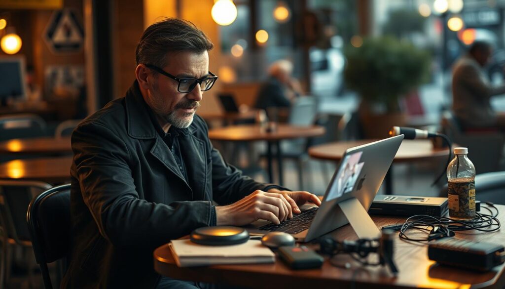 A street musician, undercover as a spy, sitting at a cafe table with a laptop and various digital tools spread out before them. Ambient lighting casts a warm glow, creating an air of mystery and intrigue. The musician has a focused, intent expression as they navigate their digital workspace, blending their creative and covert abilities. The background is slightly blurred, emphasizing the subject's concentration on the task at hand. The overall scene conveys the intersection of musical artistry and technological espionage.