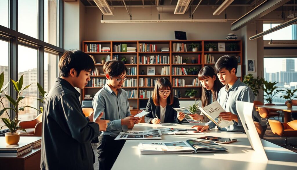 A striking editorial office, bathed in warm, natural lighting that filters through large windows. The foreground features a group of young, professional-looking Japanese designers, their focused expressions reflecting the importance of their work. They are gathered around a sleek, modern desk, meticulously reviewing design layouts and samples. In the middle ground, shelves filled with design reference books and samples of past projects create a sense of depth and expertise. The background showcases the vibrant energy of the workspace, with modern furniture, potted plants, and a hint of the city skyline visible beyond. The overall atmosphere conveys the high standards, attention to detail, and collaborative nature required for the role of an editorial designer.