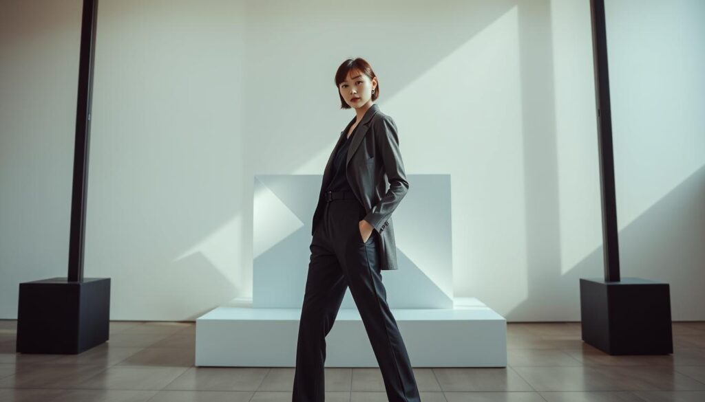 A striking fashion branding strategy scene, featuring a young, stylish Japanese-looking model against a minimalist, elegant backdrop. The model is posed confidently, showcasing a sleek, contemporary outfit that embodies the essence of the brand. Soft, natural lighting illuminates the scene, creating a serene and polished atmosphere. The middle ground features a clean, geometric display or installation, hinting at the brand's design aesthetic. The background is a subtle, neutral tone, allowing the model and the branding elements to take center stage. The overall composition conveys a sense of sophistication, professionalism, and a strong brand identity.