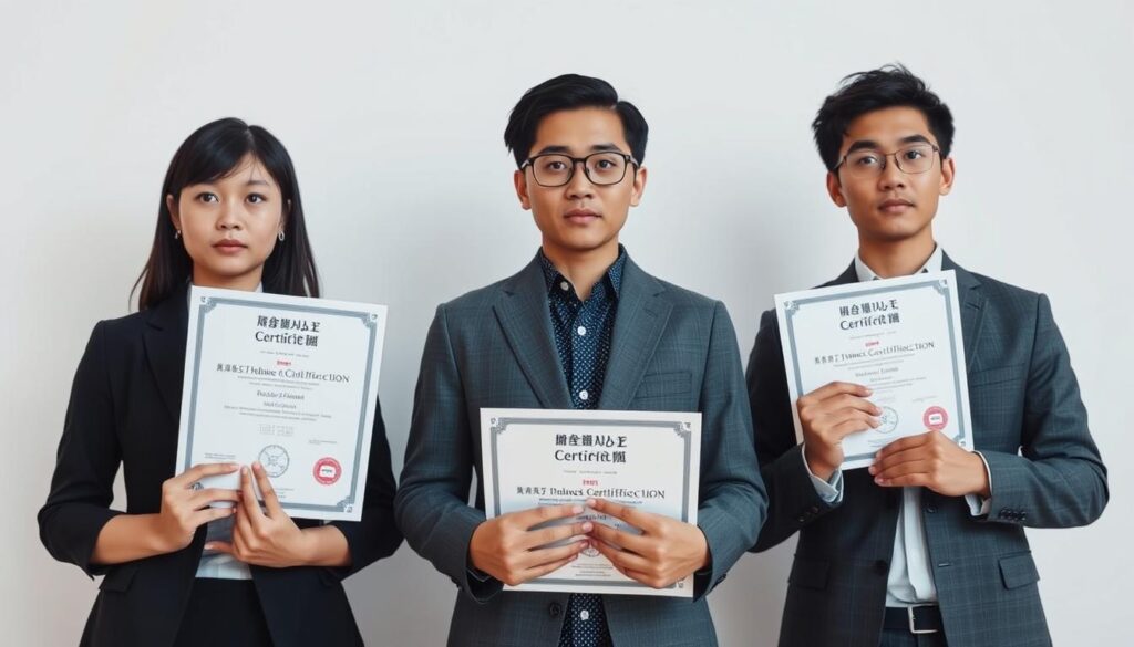 A striking image depicting the pursuit of IT certifications and skills recognition. Set against a clean, minimalist background, three young Japanese professionals stand resolute, their focused expressions conveying dedication and determination. The foreground features their hands, clutching certificates and industry badges that symbolize their technical prowess. In the middle ground, their attentive gazes suggest a deep understanding of the significance of these achievements. The background subtly hints at the digital realm, with subtle computer code or circuit board patterns providing a fitting backdrop. The overall tone is one of accomplishment, professionalism, and the pride that comes with mastering the technical skills essential for success in the IT industry.