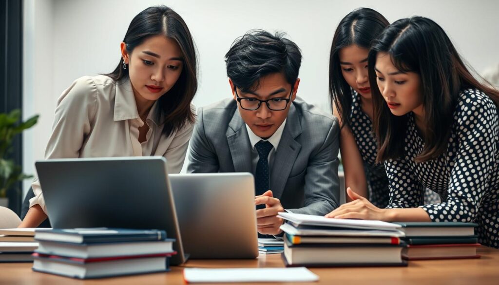 A striking image of a group of young, Japanese-looking individuals deeply engaged in a focused discussion. The foreground features three professionals - a woman in a stylish blouse, a man in a crisp suit, and another woman in a patterned dress - leaning intently over a table, their expressions conveying a sense of determination and intellectual intensity. The middle ground showcases stacks of books, a laptop, and other learning materials, underscoring the notion of continuous education and professional development. In the background, a softly lit office environment with clean lines and minimalist decor sets the stage for this contemplative, knowledge-driven scene. Balanced lighting, a shallow depth of field, and a natural, documentary-style framing evoke a mood of serious commitment to maintaining expertise and staying ahead of the curve.