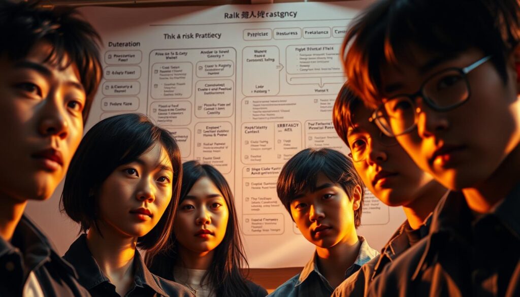 A striking image showcasing a comprehensive risk management strategy. In the foreground, a group of young, Japanese-looking models exude a sense of focused determination, their expressions conveying the gravity of the situation. The middle ground features a detailed schematic diagram, outlining various risk factors and mitigation measures with precision. The background is bathed in a soft, warm lighting, creating an atmosphere of thoughtful contemplation. The overall composition suggests a well-crafted, holistic approach to managing potential risks and ensuring safety, complementing the article's exploration of the ストリートミュージシャンスパイ profession.